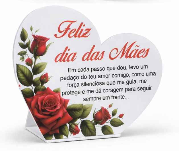 Placa Coração Personalizada Dia da Mãe com Mensagem e Rosas