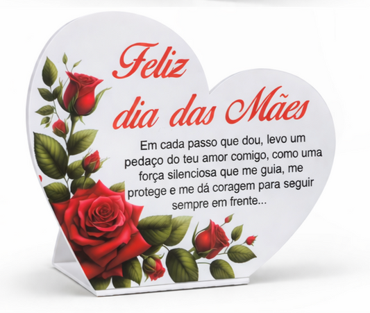 Placa Coração Personalizada Dia da Mãe com Mensagem e Rosas