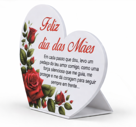 Placa Coração Personalizada Dia da Mãe com Mensagem e Rosas