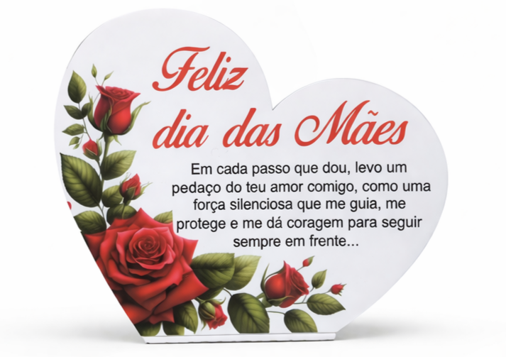 Placa Coração Personalizada Dia da Mãe com Mensagem e Rosas